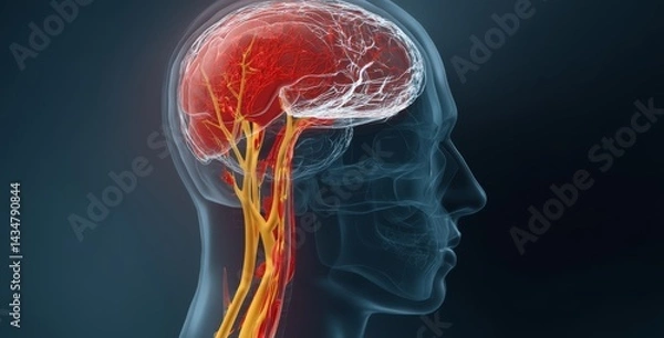 Obraz Detailed 3D Rendering Of Human Brain Anatomy With Neural Pathways And Blood Vessels