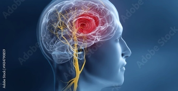 Obraz Human Brain Anatomy 3D Model, Neural Network Connections, Red Inflammation, Blue And Yellow Nerves, Medical Science Illustration