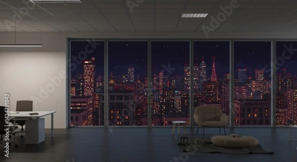 Fototapeta Night View from Modern Office with Pixel Art Style