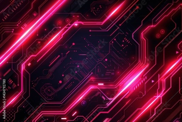 Fototapeta Futuristic circuit board with glowing red lines and dark background.