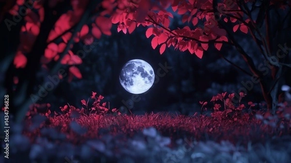 Fototapeta Enchanted night scene with vibrant foliage and full moon shining brightly in a mystical forest landscape