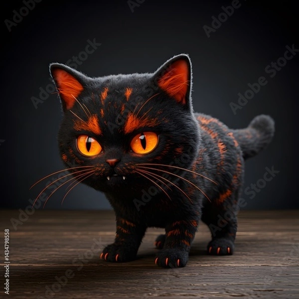 Fototapeta 3D Black Cat with orange accents on its fur, standing on a wooden surface against a dark background.