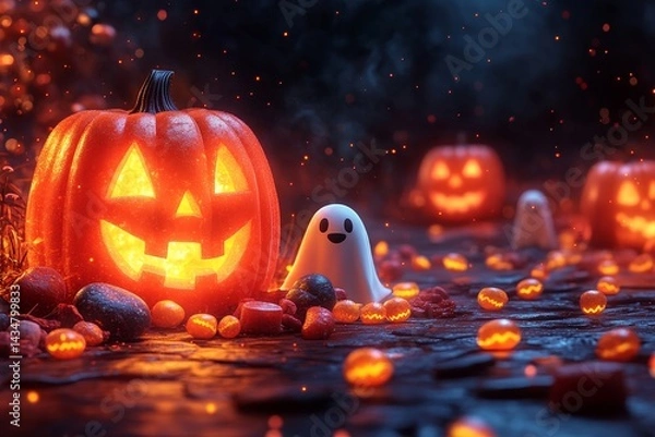 Fototapeta Glowing Jack-o'-lantern with ghost, candy, dark forest