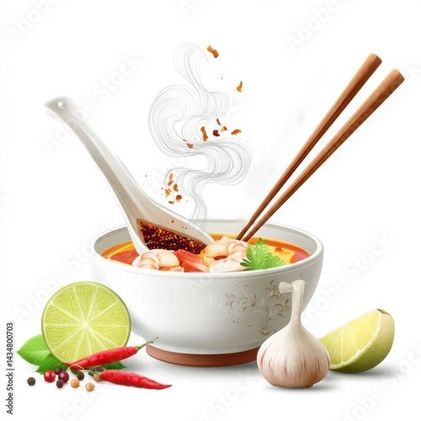 Obraz Aromatic Soup with Fresh Ingredients and Chopsticks in a Bowl