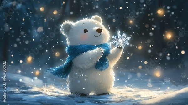 Fototapeta Enchanting winter scene with a cuddly polar bear admiring a snowflake