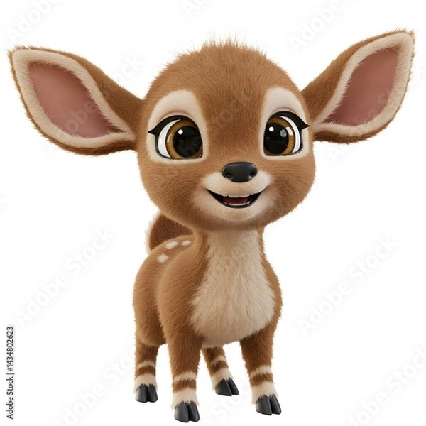 Fototapeta 3D cartoon young Deer with large, expressive eyes, a wide smile, and fluffy brown fur.