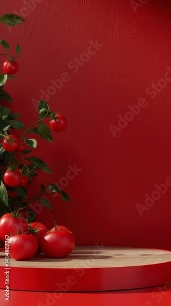 Fototapeta Fresh Red Tomatoes on Wooden Surface Against Red Background