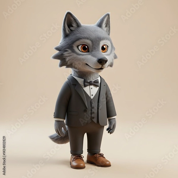 Fototapeta 3D Wolf character dressed in a formal gray suit with a vest and a bow tie.