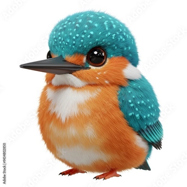Fototapeta 3D Cute stylized bird with vibrant turquoise and orange plumage, placed against a plain white background.