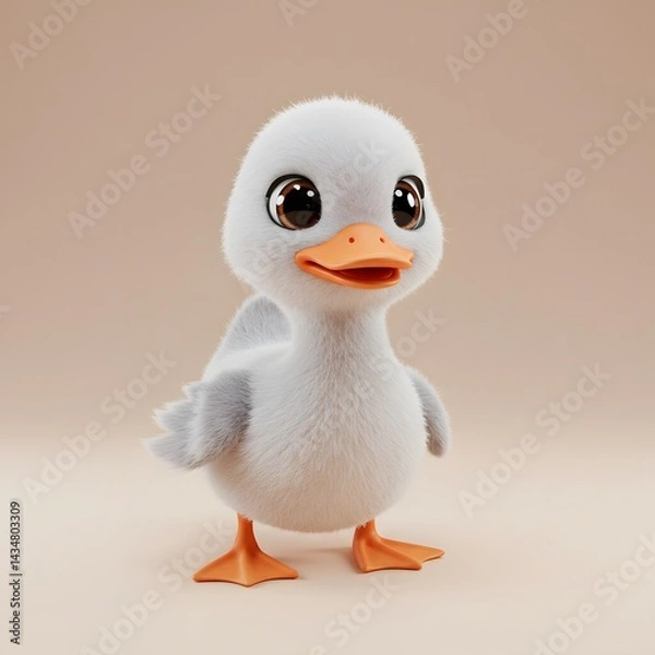 Fototapeta 3D cute fluffy white Duckling with large, expressive brown eyes and an orange beak and feet.
