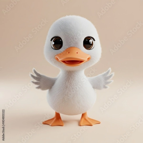 Fototapeta 3D cute fluffy white Duckling with large, expressive brown eyes and an orange beak and feet.