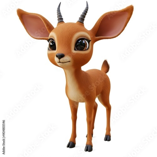 Fototapeta 3D cute animated deer with large, expressive eyes, horns, and a friendly expression.