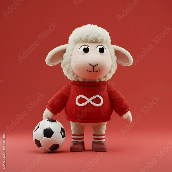 Fototapeta 3D Sheep character dressed in a red sweater with a white infinity symbol and holding a soccer ball.
