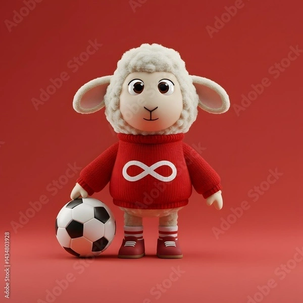 Fototapeta 3D Sheep character dressed in a red sweater with a white infinity symbol and holding a soccer ball.