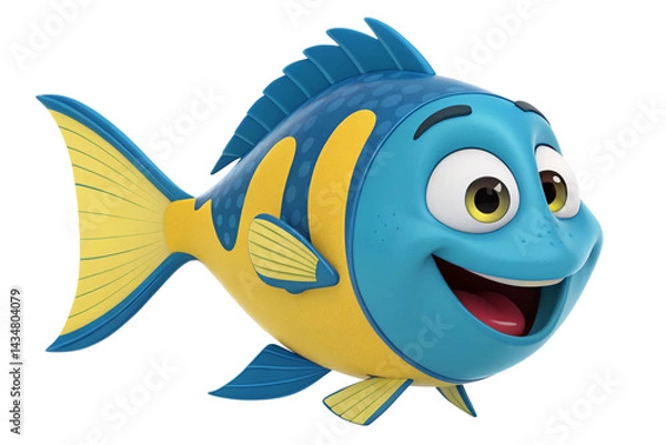 Obraz Cartoon illustration of a happy blue and yellow smiling fish character - generated by ai