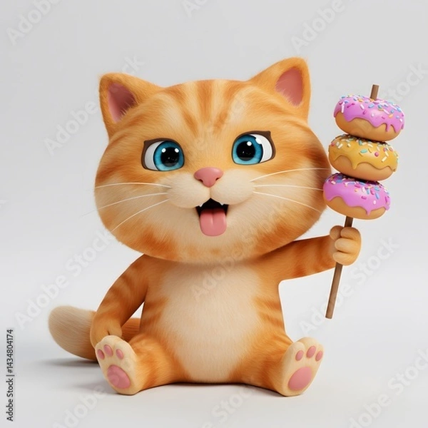Fototapeta 3D Cute Cartoonish orange cat holding a stick with four colorful Donuts stacked on it