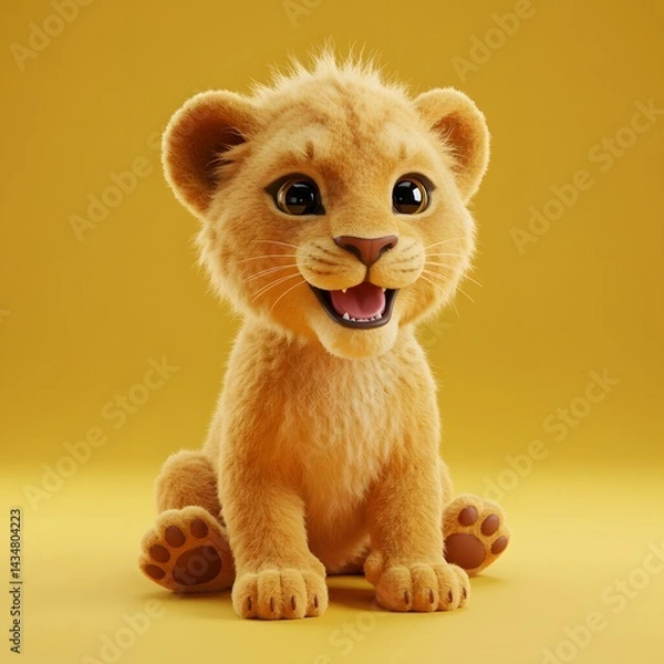 Fototapeta 3D Cartoon Lion Cub with a cheerful expression, sitting against a yellow background.