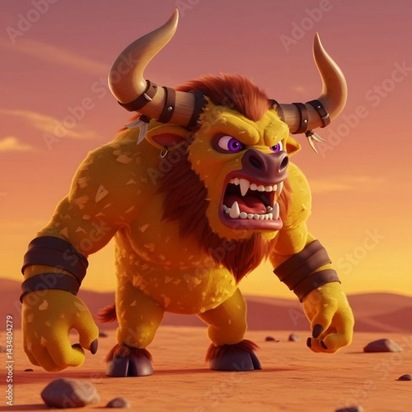 Fototapeta 3D Muscular Bull Orange and Brown creature with large horns and sharp teeth, standing in a desert.
