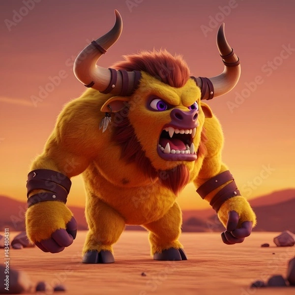 Fototapeta 3D Muscular Bull Orange and Brown creature with large horns and sharp teeth, standing in a desert.