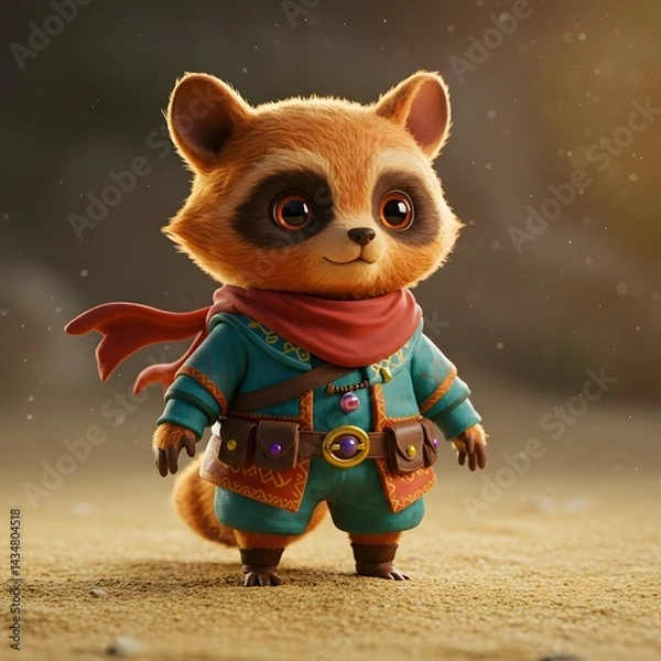 Fototapeta 3D Raccoon Character Standing On Sandy Ground.