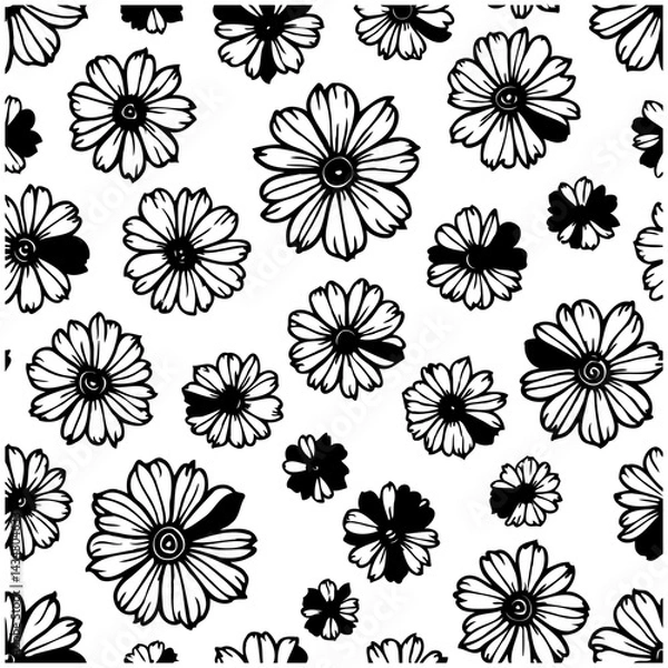 Fototapeta Monochrome floral pattern with daisies for textile design and backgrounds