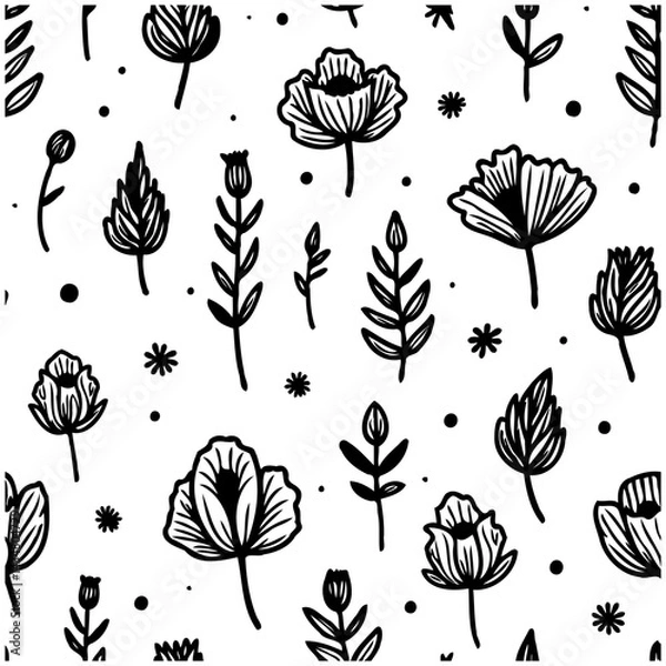 Fototapeta Botanical Black and White Hand-Drawn Floral Pattern with Flowers and Leaves