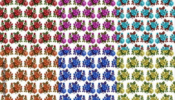 Fototapeta Set of six flowers seamless. Color bouquets of roses  using traditional Ukrainian embroidery elements.  Can be used as pixel-art.