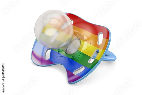 Fototapeta LGBT adoption concept, baby pacifier with rainbow gay flag. 3D rendering