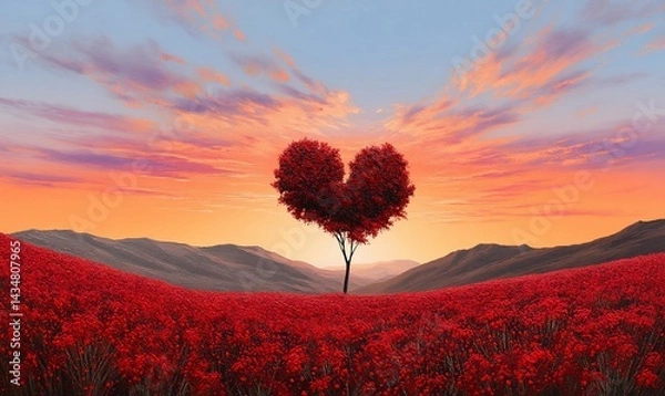 Obraz Heart-shaped tree in a red field at sunset