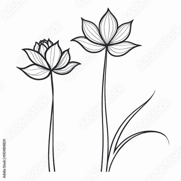 Fototapeta Elegant Line Art Floral Design featuring Two Lotus Flowers and Leaves on a White Background