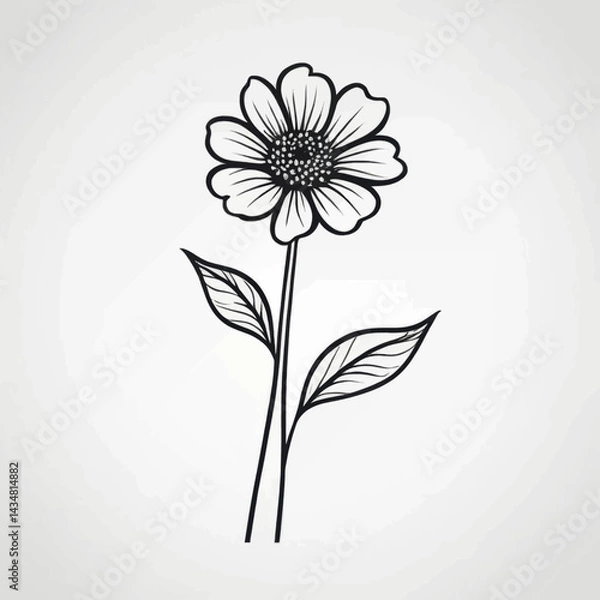 Fototapeta Elegant Black and White Floral Line Art Drawing of a Single Flower with Leaves on a Light Grey Background