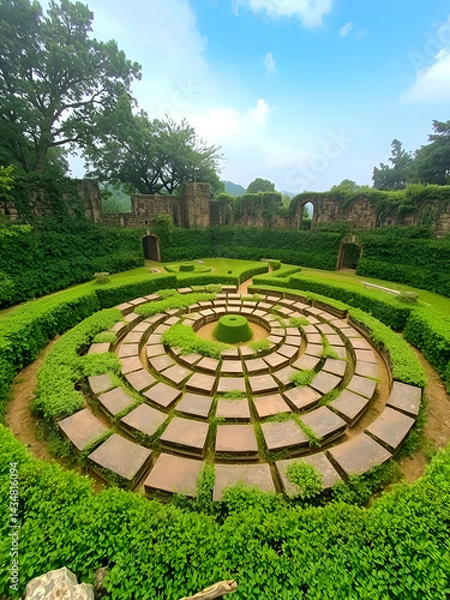 Obraz An ancient stone maze featuring circular pathways encircled by lush overgrown walls evokes a sense of mystery and adventure