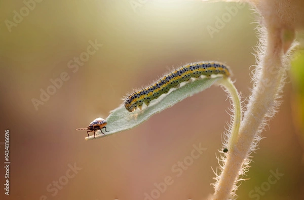 Obraz Caterpillar of the Machaon crawling on green leaves, close-up