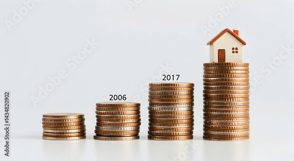 Fototapeta Coins Stacked Showing Increase with House on Top Representing Growth