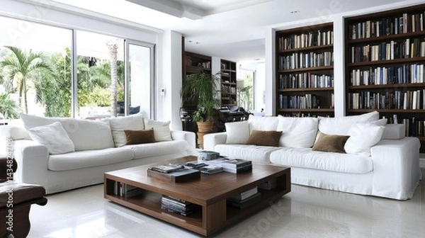Fototapeta Open family reading space with twin couches, soft decor, and white walls.
