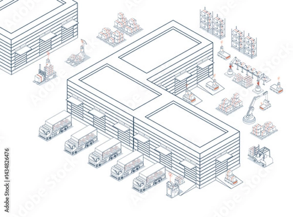 Obraz Smart logistics combines warehouse management with wireless technology and automated robots AGVs and AMRs for efficient material handling.