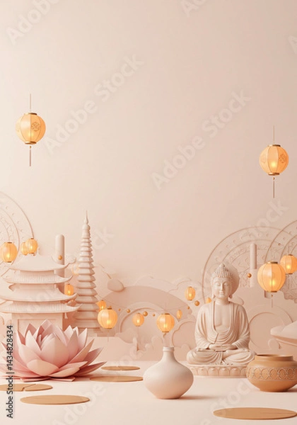 Obraz Vesak Day - A clean, minimal digital background with lotus, Buddha, temples, lanterns, perfect for Vesak day-themed marketing, posters, or social media banners.