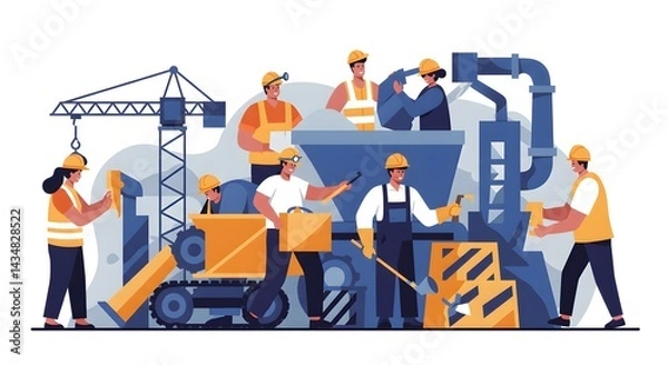 Fototapeta Construction Workers Team at Construction Site, Vector Illustration