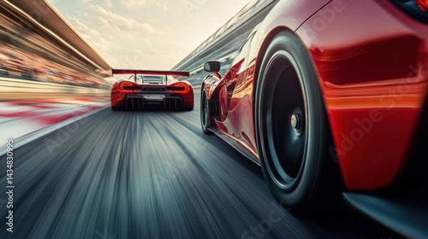 Fototapeta A dynamic low-angle shot of two high-performance sports cars racing side by side, with motion blur emphasizing speed and excitement as one car overtakes the other on a professional race track 