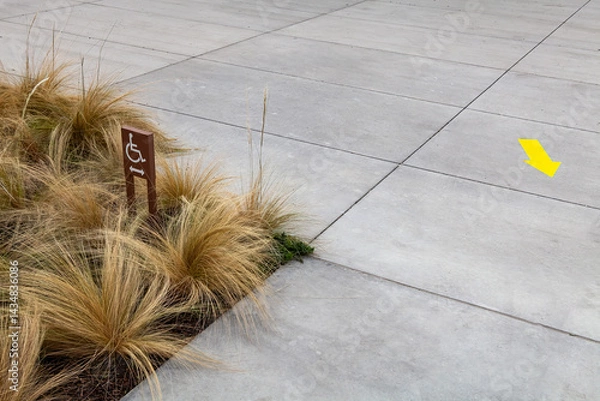 Obraz Urban landscape with ornamental grasses, sidewalk, and directional arrow