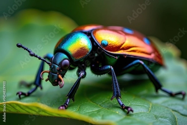 Fototapeta A vibrant, iridescent beetle rests on a green leaf, showcasing colorful patterns and intricate details in its body structure.