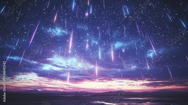 Fototapeta Enchanting Night Sky with Colorful Meteor Shower over Calm Water and Distant Mountains at Twilight