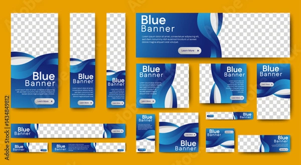 Fototapeta Web banner template design set layout with photo and text space. gradient blue. Business advertising set design template. Vertical, horizontal, square banners standard size.	
