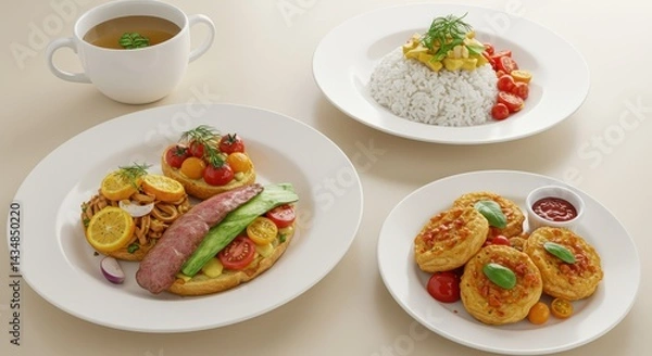 Fototapeta Three plates of food and a cup of broth on a light surface.