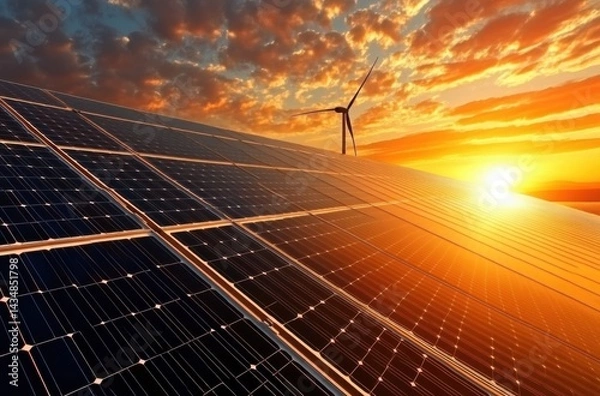 Fototapeta High-resolution image of solar farm and windmill turbines,
