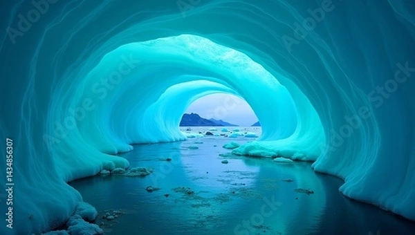Fototapeta bioluminescent ice cave hidden deep within a melting glacier during the blue hour