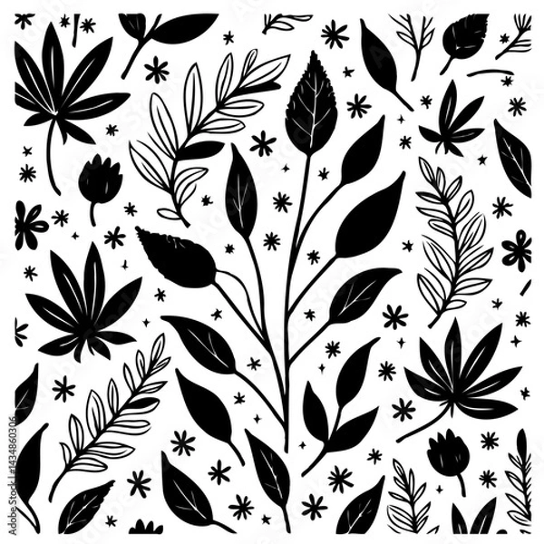 Fototapeta Hand-drawn botanical illustration showcasing diverse foliage shapes and patterns