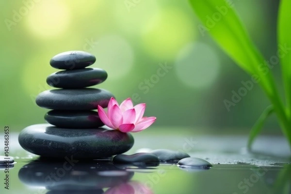 Fototapeta Tranquil composition of stacked zen stones with lotus flower and bamboo, flower, tranquil