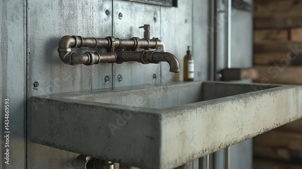 Fototapeta Rustic concrete sink, pipe faucet, log cabin