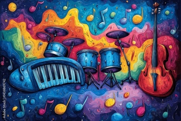 Obraz Colorful musical instruments, vibrant background, music notes, artistic illustration, for music education